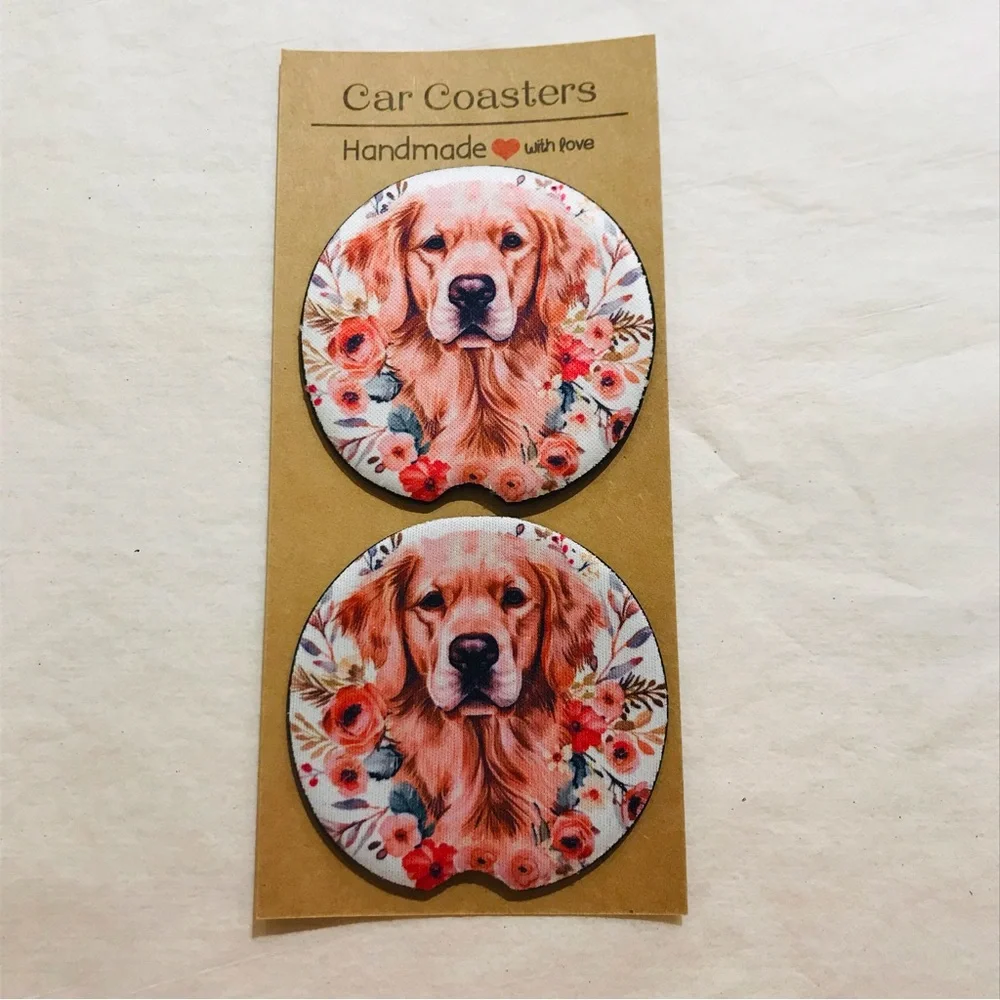 Handmade Floral Golden Retriever Dog Neoprene Car Coasters Set